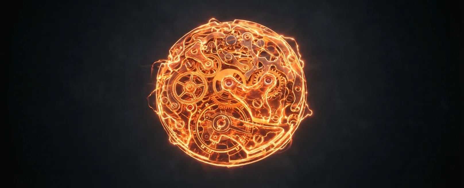 Сложный часовой механизм из жидкого оранжевого света, где шестеренки идеально подогнаны друг к другу