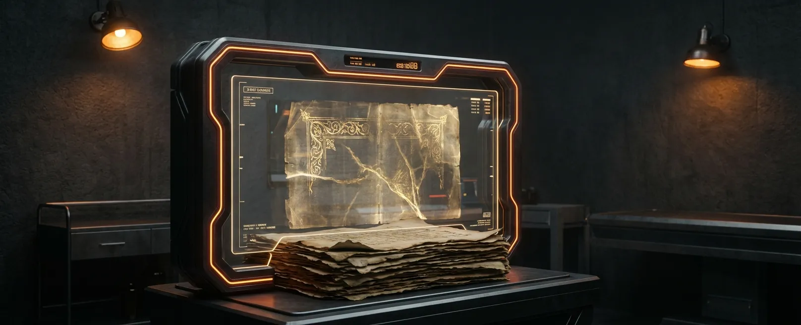Высокотехнологичный сканер просвечивает стопку старой бумаги, выявляя внутри золотые жилы