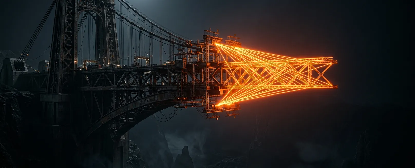 Мощный стальной мост, строящийся в темноте из ярких оранжевых лучей