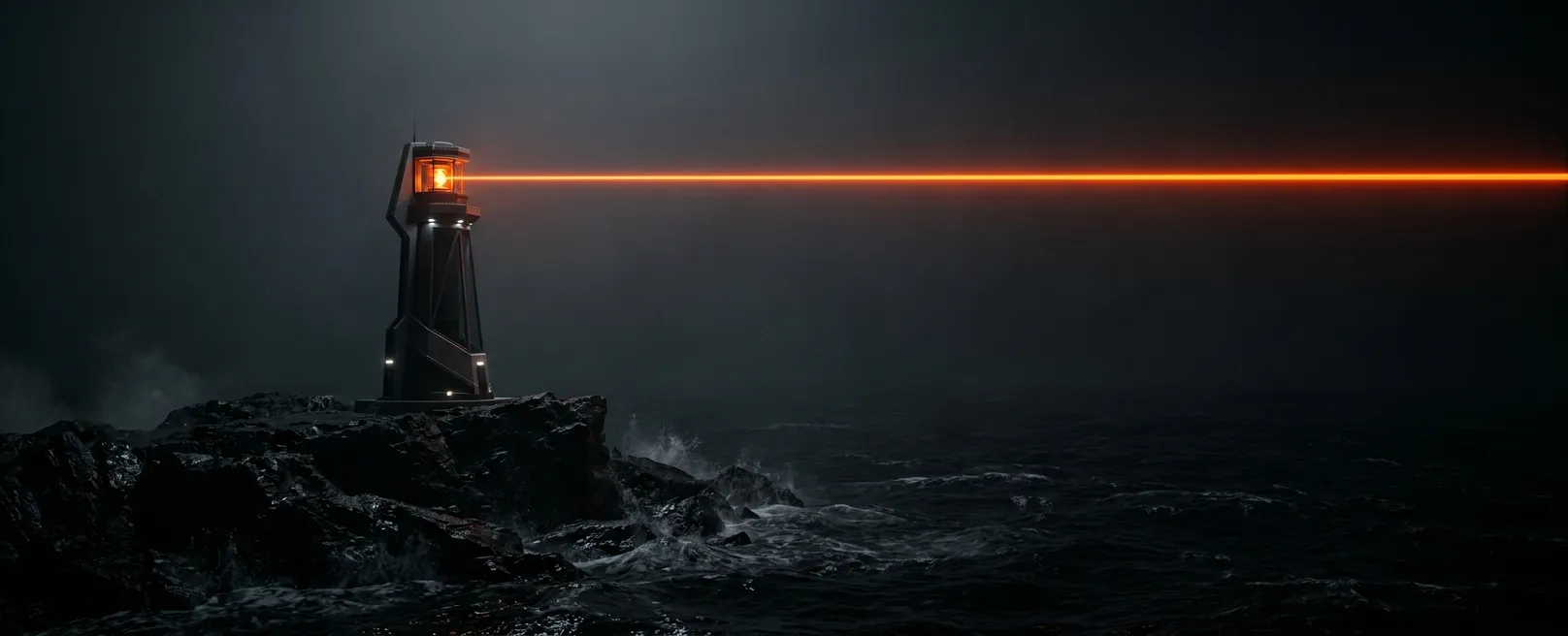 Маяк в океане тьмы, светящий острым оранжевым лазерным лучом