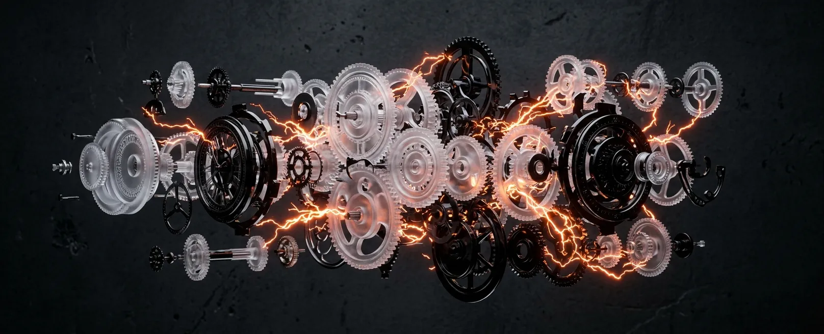 Сложный механизм из прозрачного стекла, где шестеренки парят в воздухе