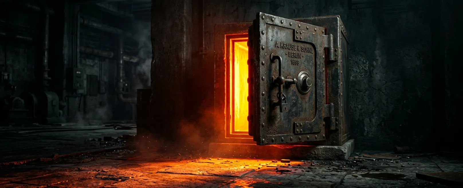 Массивный сейф, из трещин которого пробивается ослепительный оранжевый свет