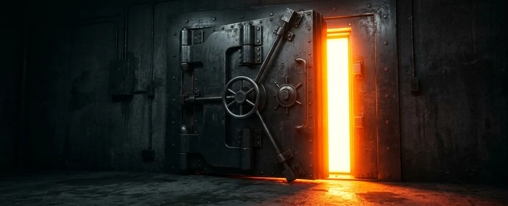 Приоткрытый массивный сейф с ярким оранжевым светом внутри