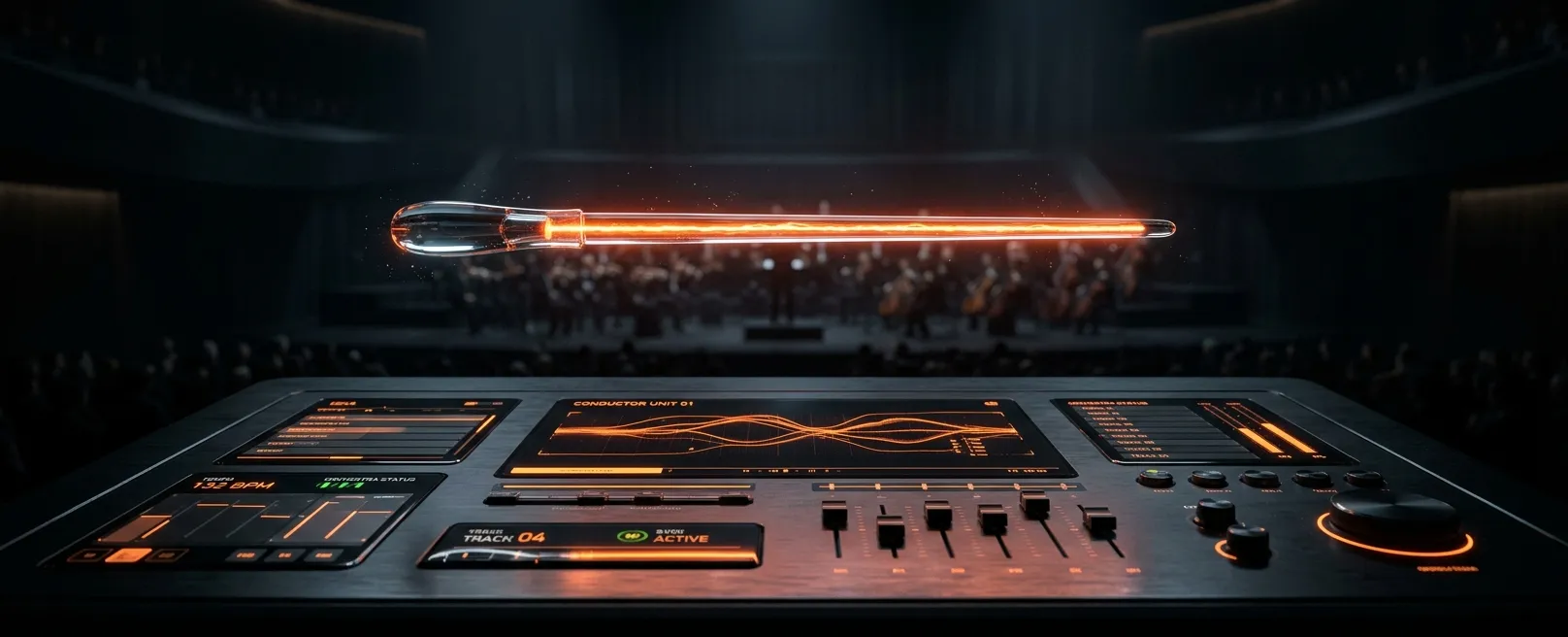 Дирижерская палочка, парящая над футуристическим пультом