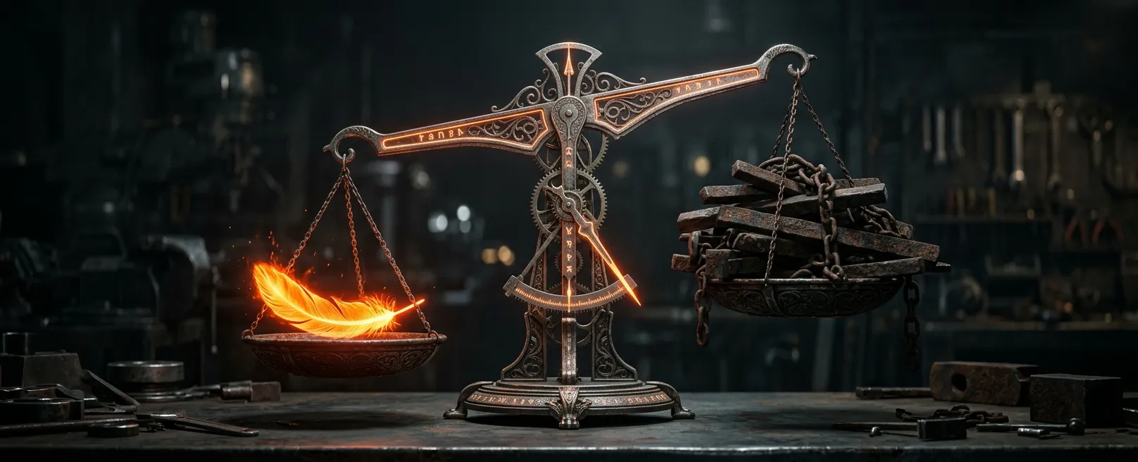 Ювелирные весы, где маленькое оранжевое перо перевешивает гору тяжелых слитков