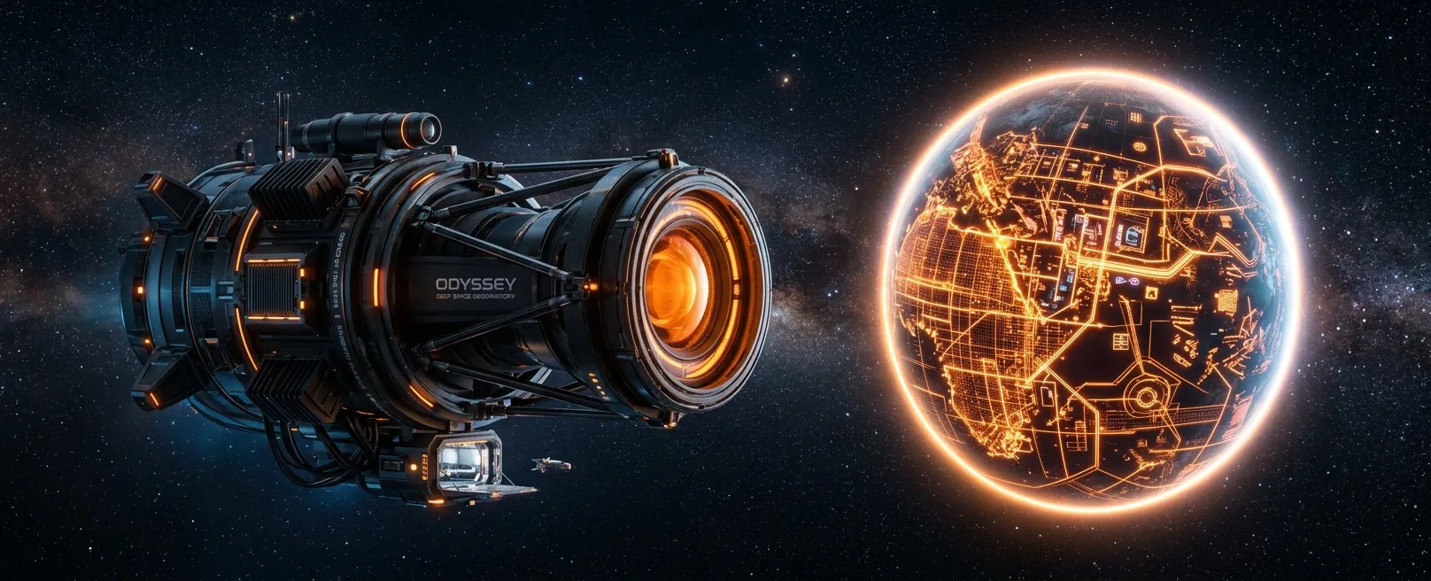 Телескоп, направленный на планету, превращающуюся в цифровую матрицу