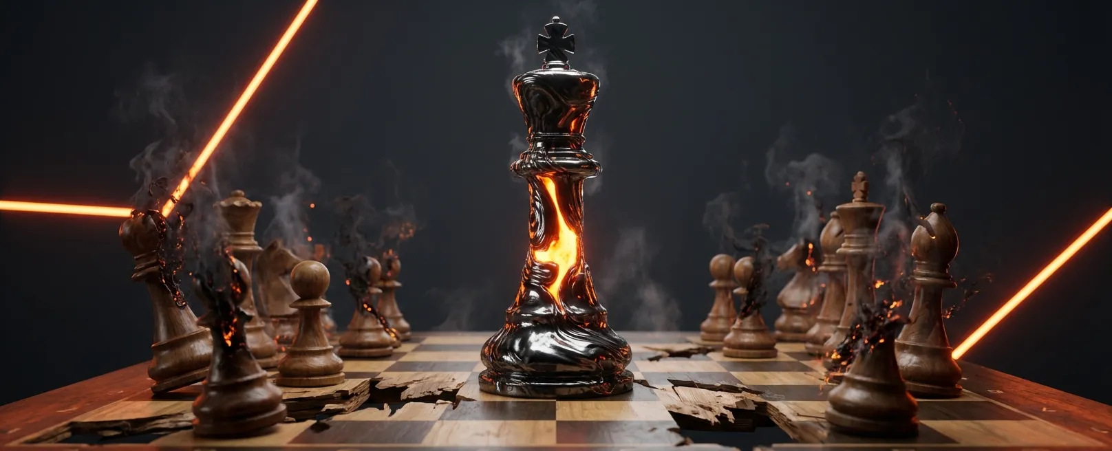 Шахматный король из темного металла, поглощающий обычные деревянные фигуры