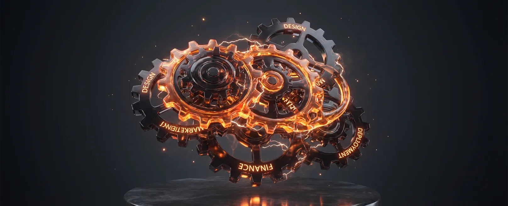 Сложный механизм из прозрачного стекла и оранжевого неона, где шестеренки не касаются друг друга