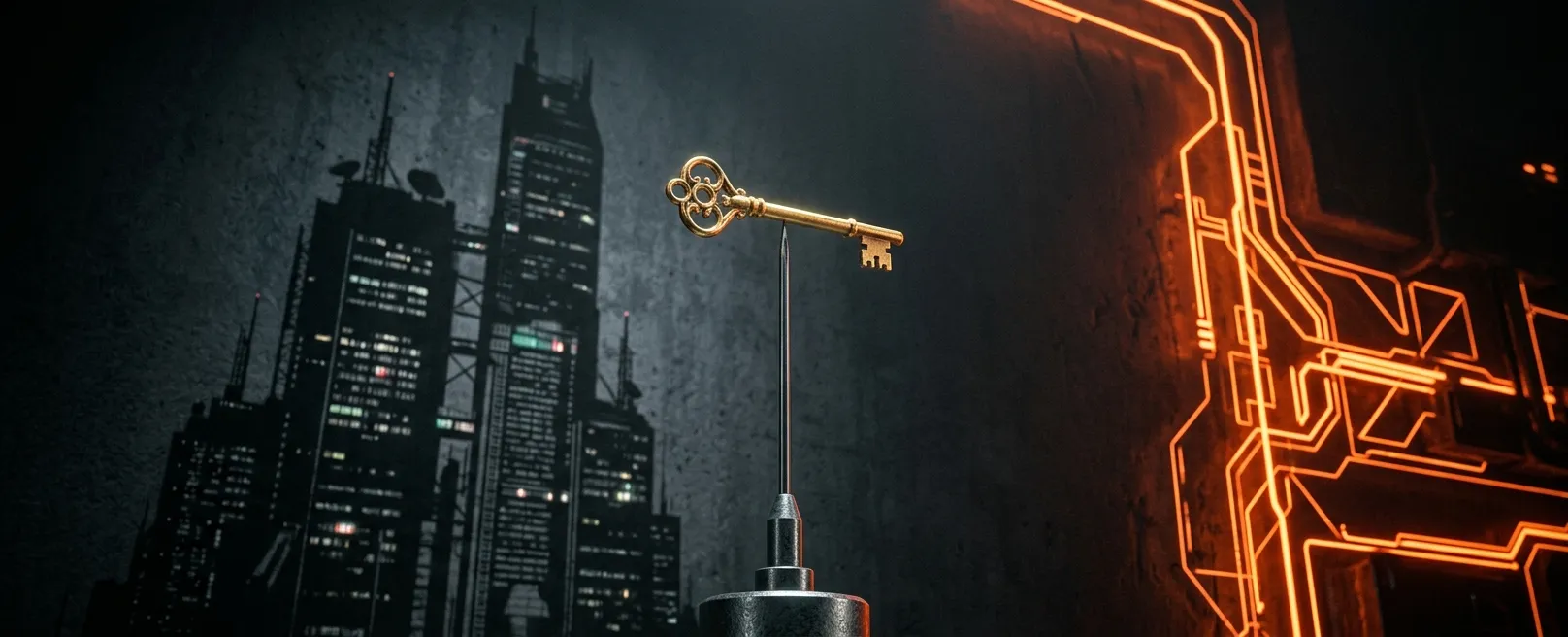 Золотой ключ, балансирующий на игле и отбрасывающий огромную тень