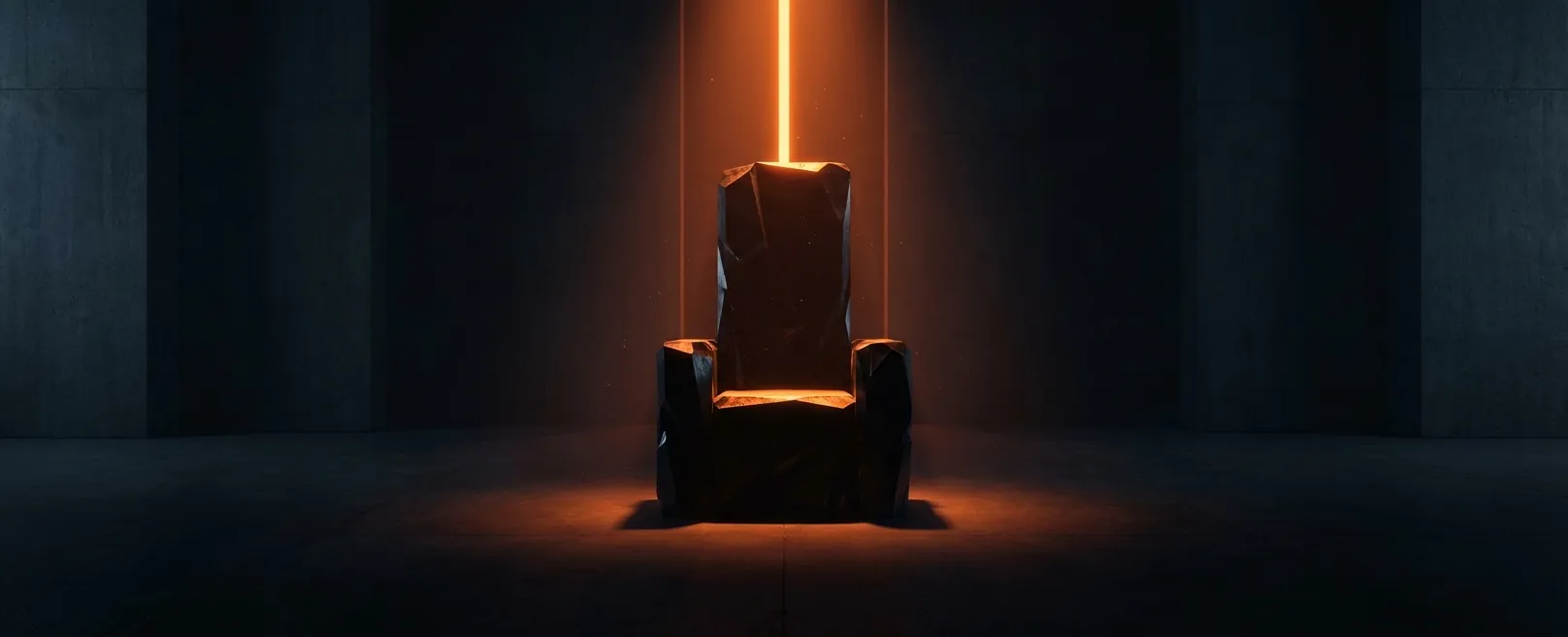 Одинокий трон в луче оранжевого света в центре пустого зала