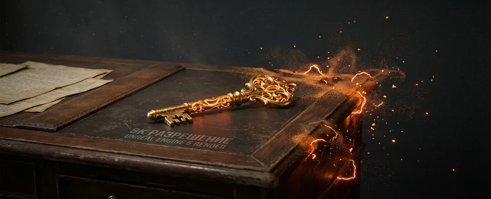 Одинокий золотой ключ на массивном столе, рассыпающемся в пыль