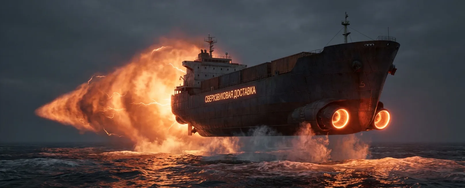 Огромный грузовой корабль, летящий над водой на сверхзвуковой скорости