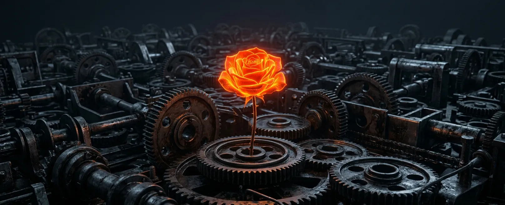 Единственная яркая оранжевая роза, расцветающая посреди бесконечного поля из серых стальных шестеренок