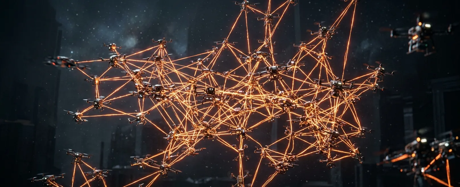 Рой механических золотых пчел-дронов, формирующих в воздухе сложную структуру в форме человеческого мозга