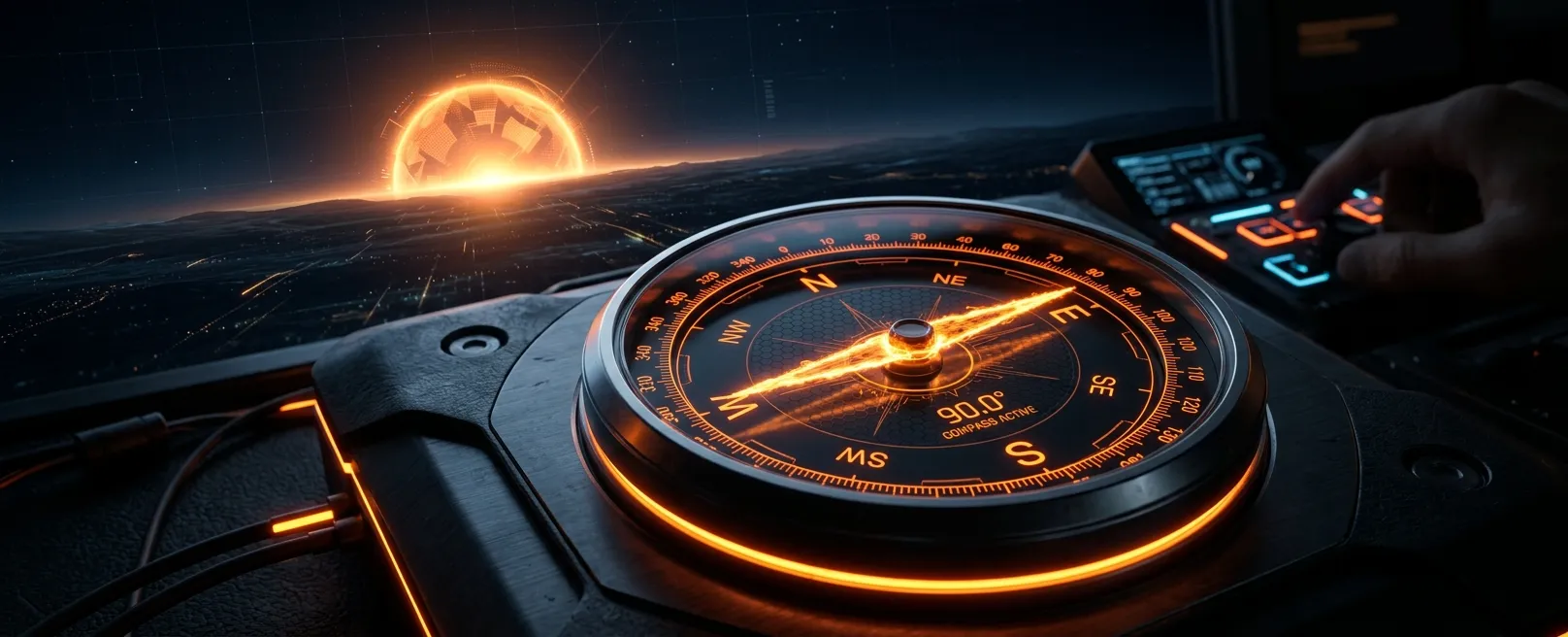 Футуристичный компас, стрелка которого сделана из чистого света, указывающий на яркое оранжевое солнце на горизонте