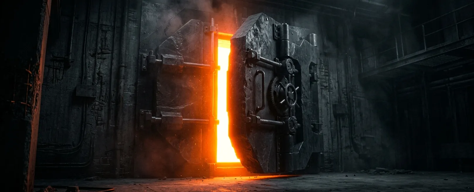 Массивные черные сейфовые двери, открывающиеся в яркий оранжевый рассвет