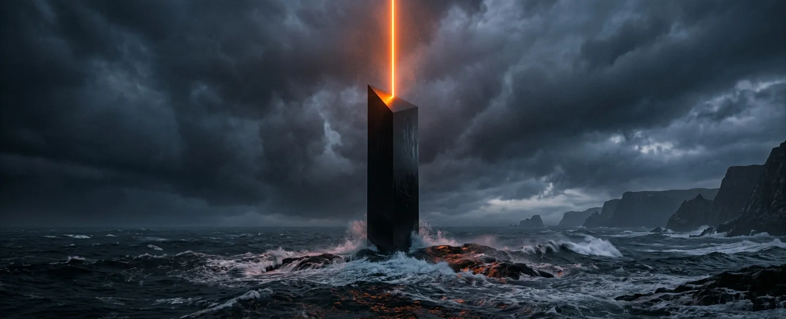 Одинокий современный монолит-маяк посреди бушующего темного океана