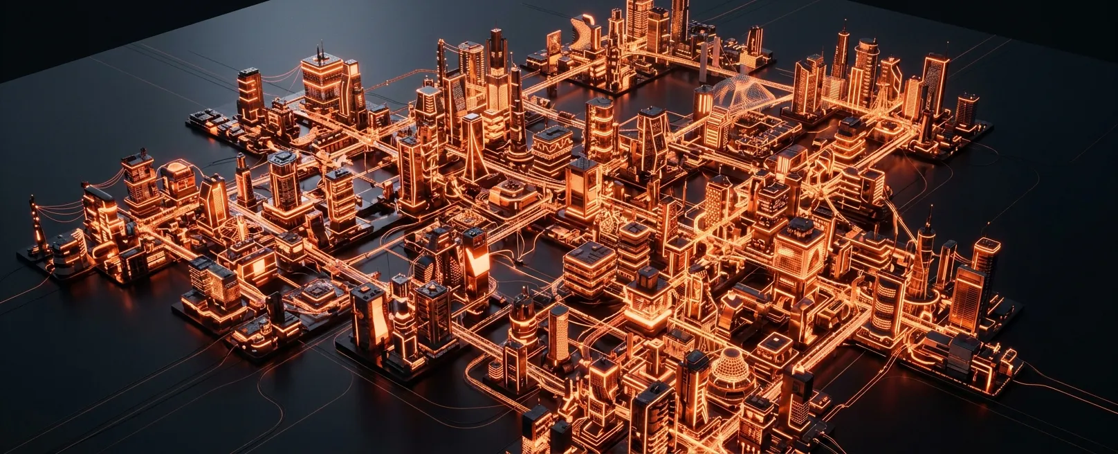 Архитектурный макет сложного города будущего, где каждый блок светится оранжевым светом, символизируя автономных агентов, работающих вместе.