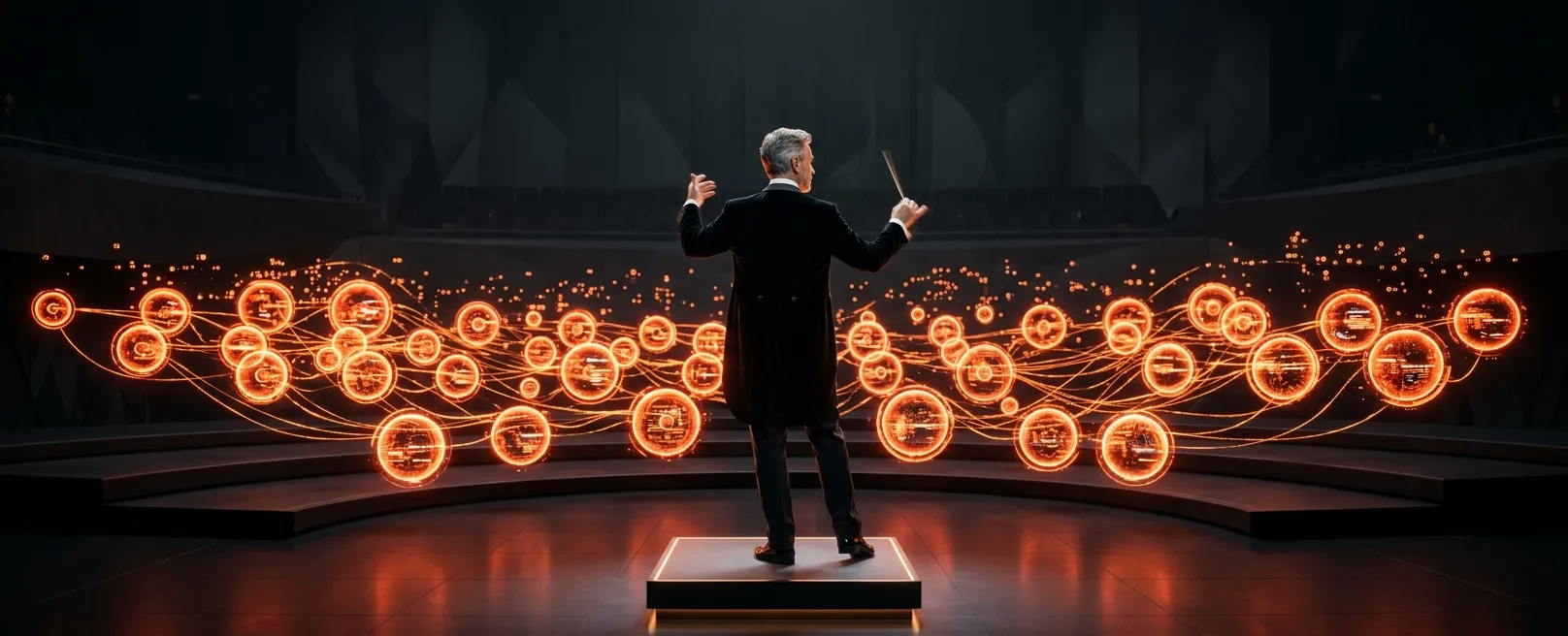 Мастер-дирижер стоит перед голографическим оркестром из светящихся оранжевых сфер, каждая из которых представляет автономного агента.