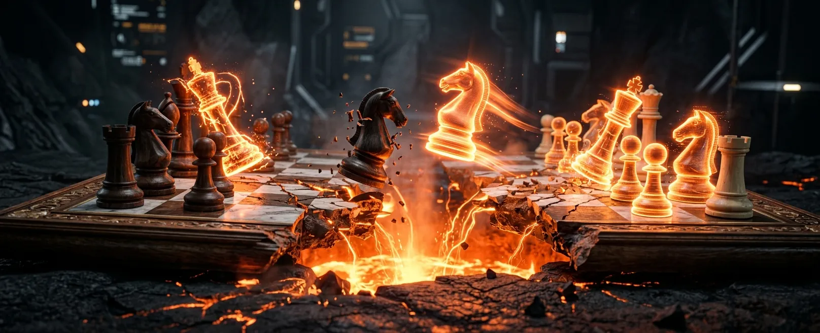 Раскрытая шахматная доска с фигурами, превращающимися в оранжевые светящиеся голограммы, символизирующие стратегический переход и принятие решений.