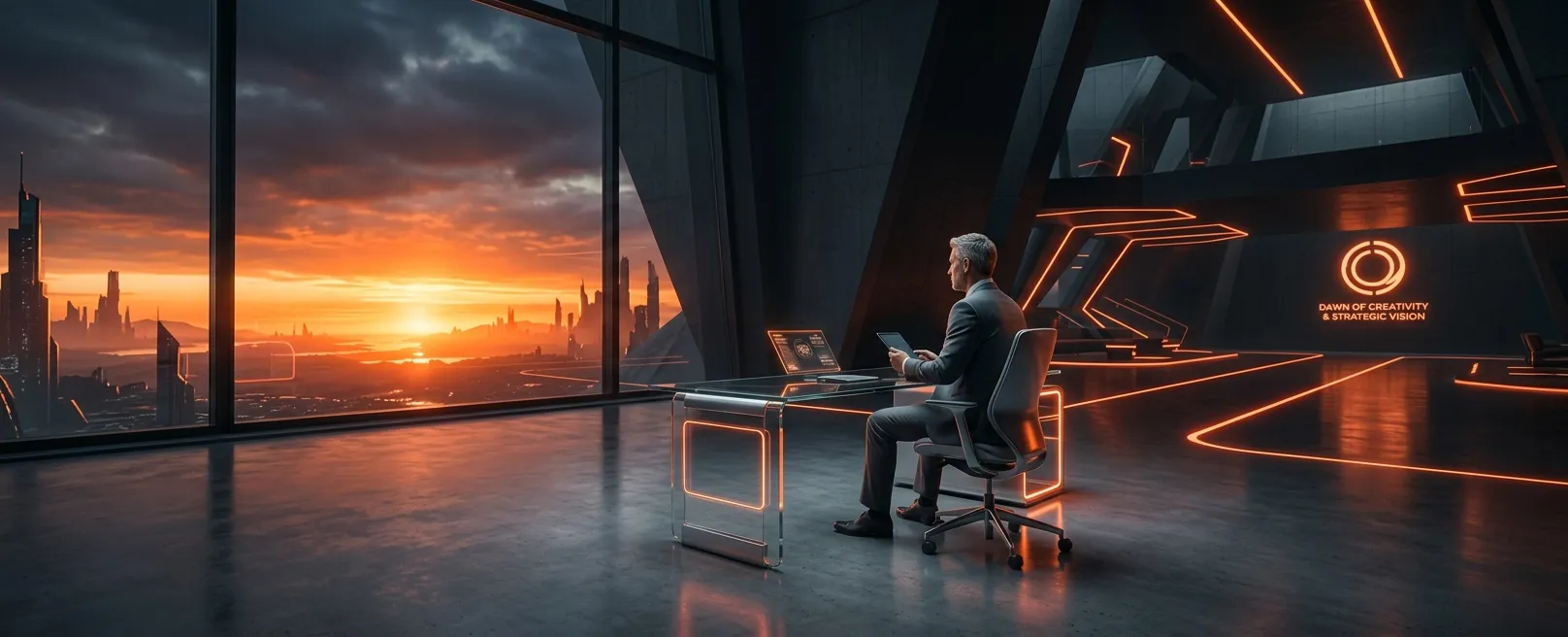 Человек, сидящий за пустым, минималистичным футуристическим столом, смотрит на горизонт с ярким оранжевым восходом солнца, символизирующим новое видение.