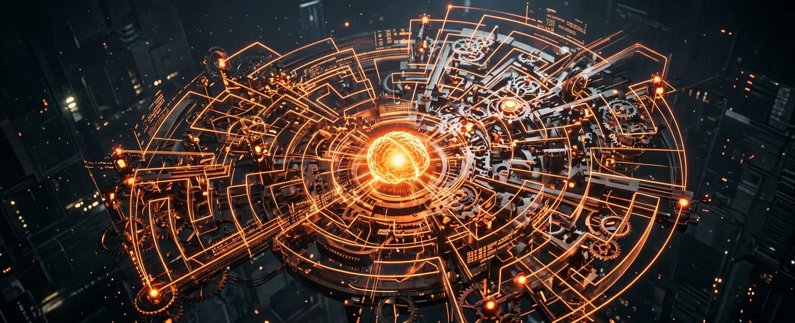 Сложный, трехмерный лабиринт из шестеренок и нейронных связей, символизирующий сложную архитектуру автономного AI-агента.