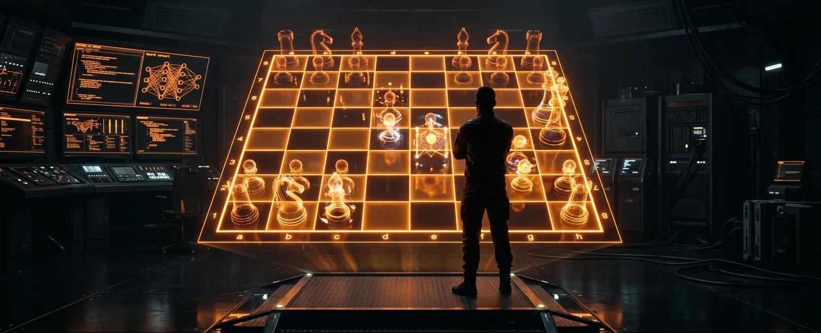 Человек-лидер, стоящий перед огромной голографической шахматной доской, где фигуры — это AI-агенты, символизирующий стратегическое управление.