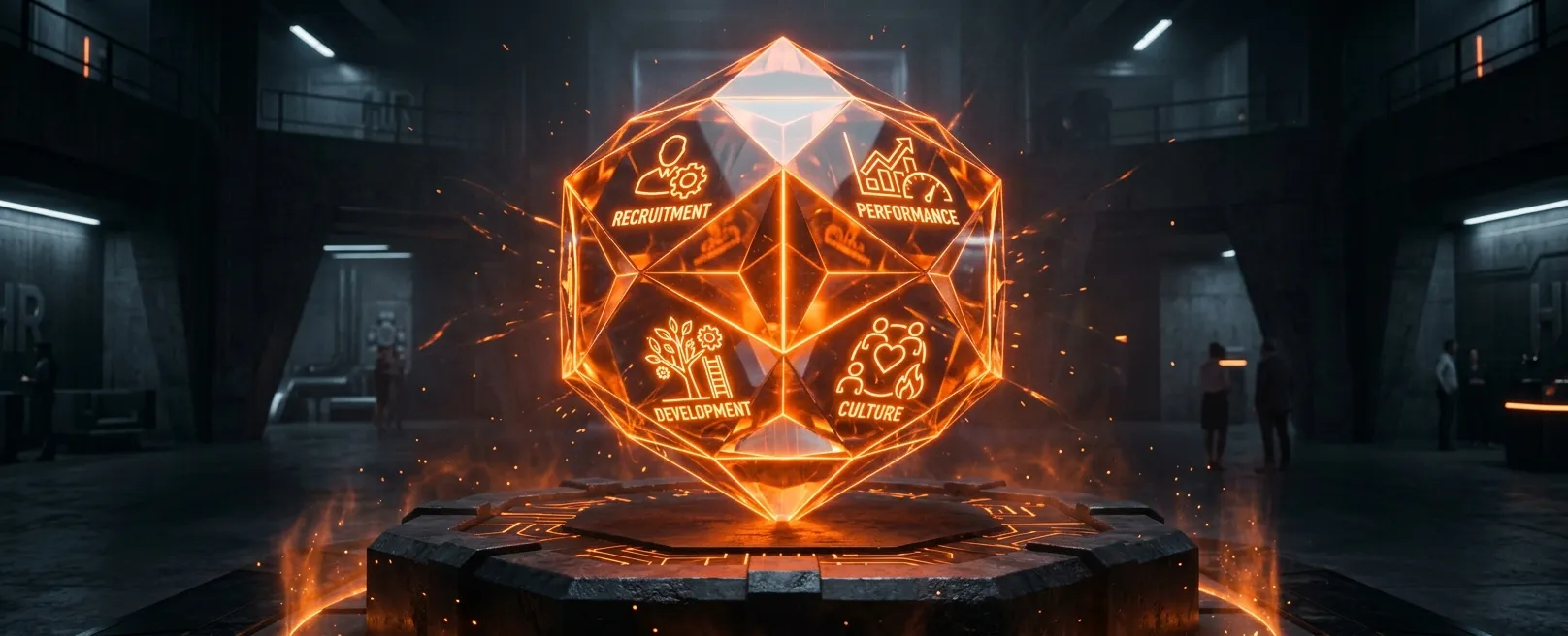 Огромный, многогранный кристалл, каждая грань которого отражает разные аспекты HR-функций, от рекрутинга до культуры.