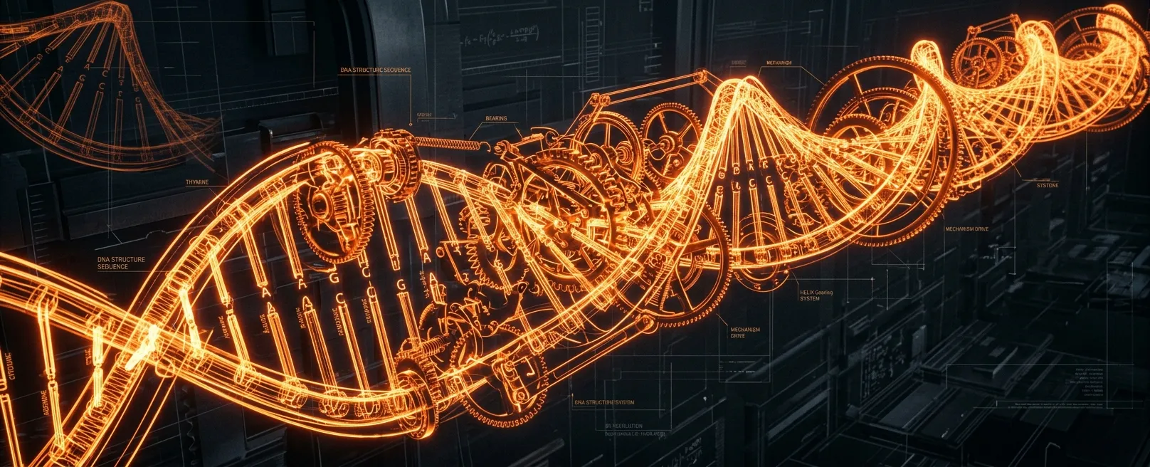 Сложная архитектура из светящихся нитей ДНК и шестеренок
