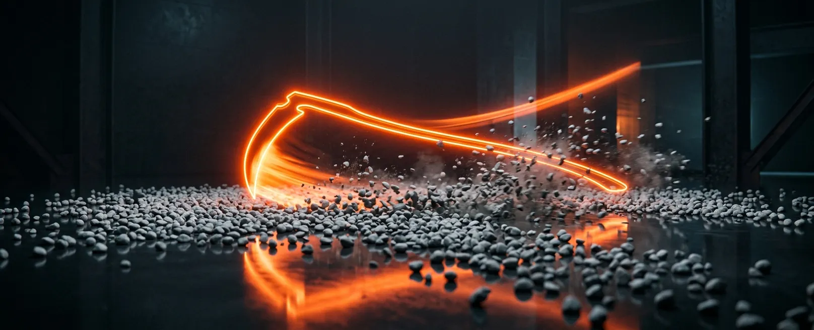 Минималистичная коса из оранжевого света, срезающая серые камни на ровной поверхности