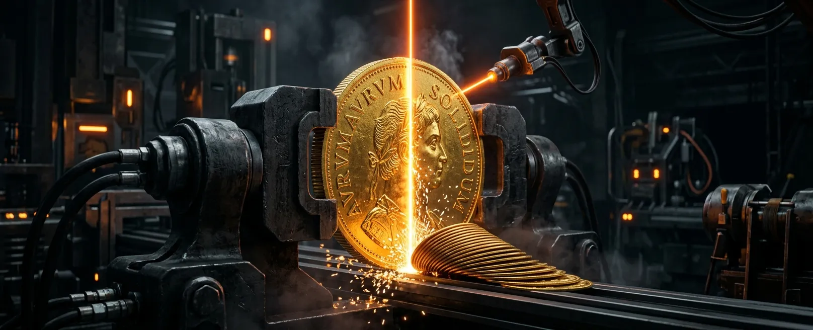 Огромная золотая монета, разрезаемая лазером на идеальные части