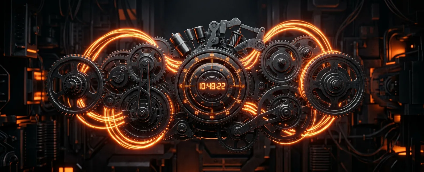 Сложный часовой механизм, где шестерни левитируют и связаны энергией
