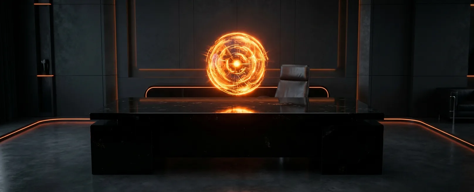 Минималистичный пустой стол CEO с парящей оранжевой сферой в центре
