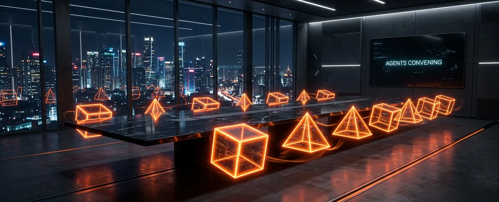 Пустой зал заседаний с парящими геометрическими фигурами вместо людей