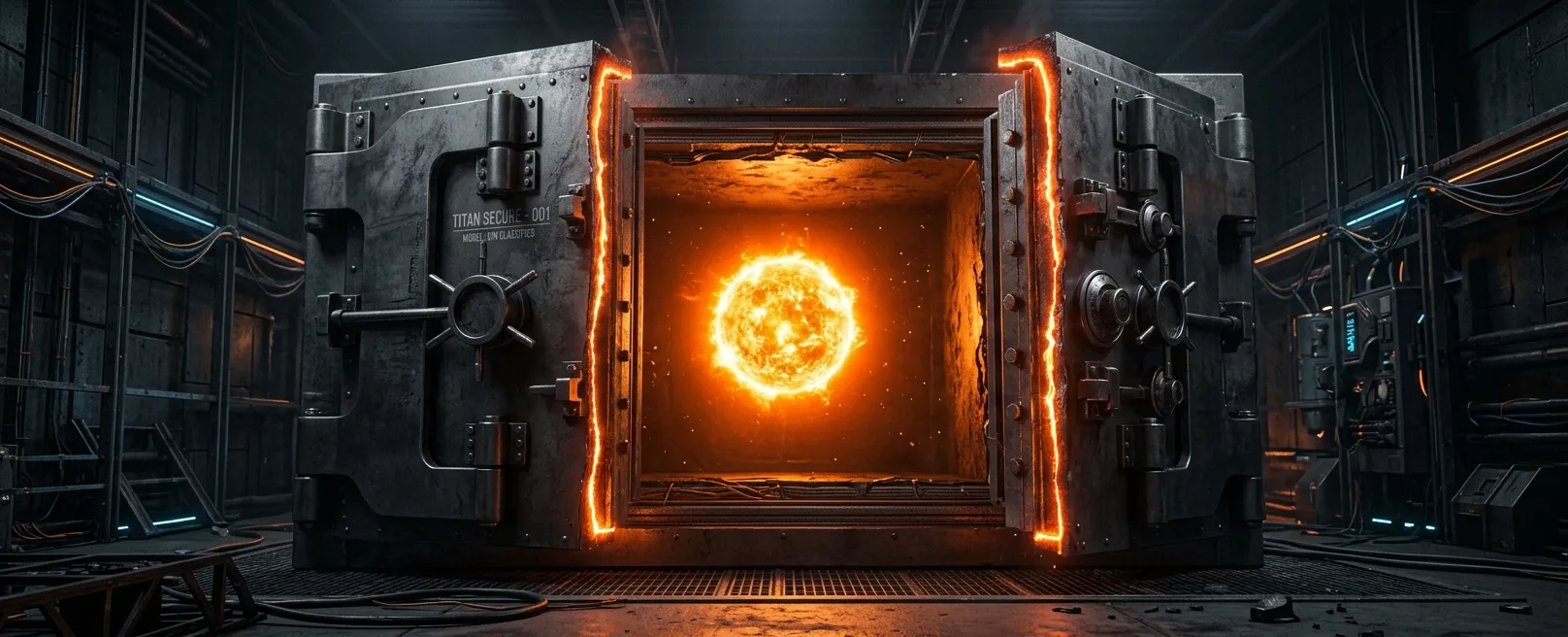 Титановый сейф, разрезанный идеально ровным сечением, внутри которого сияет солнце