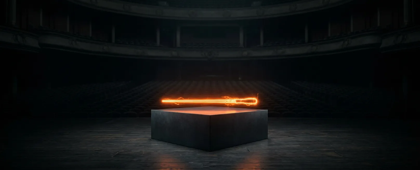 Дирижерская палочка из света на пьедестале в полной темноте