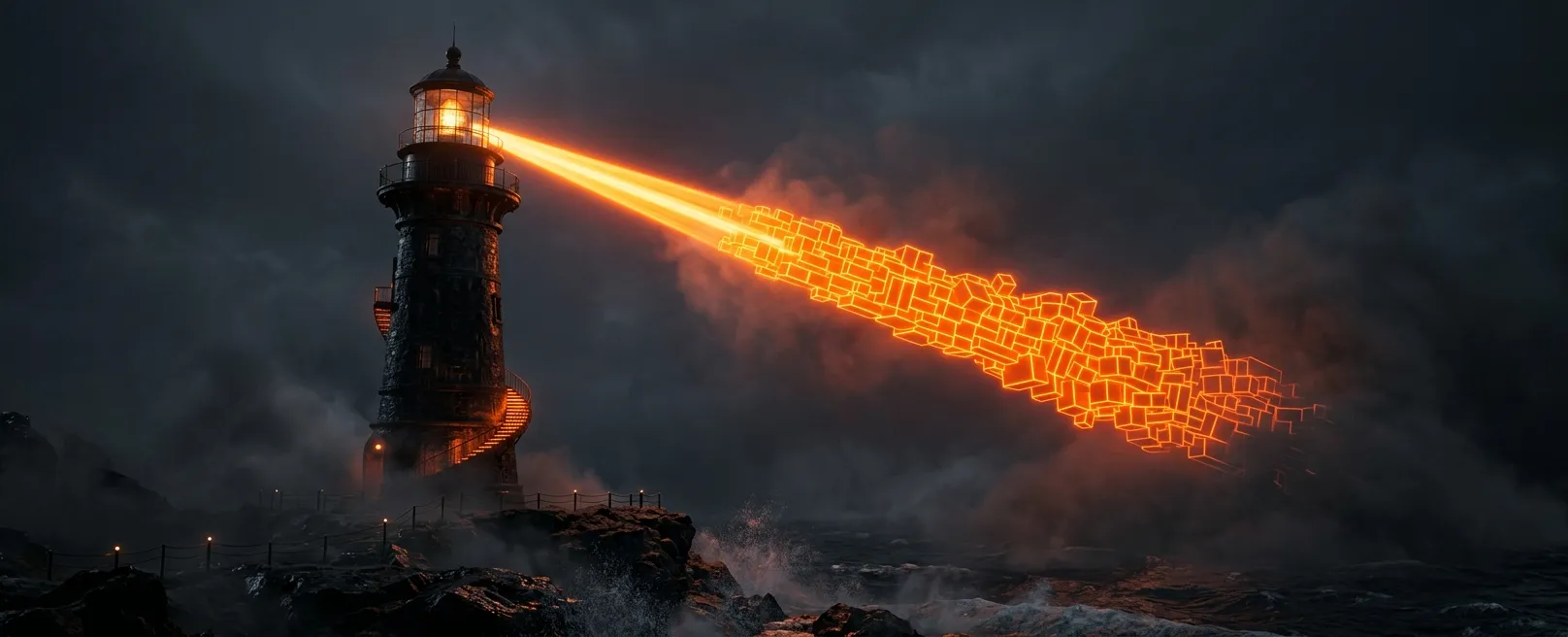 Массивный черный маяк, превращающий туман в светящиеся геометрические формы