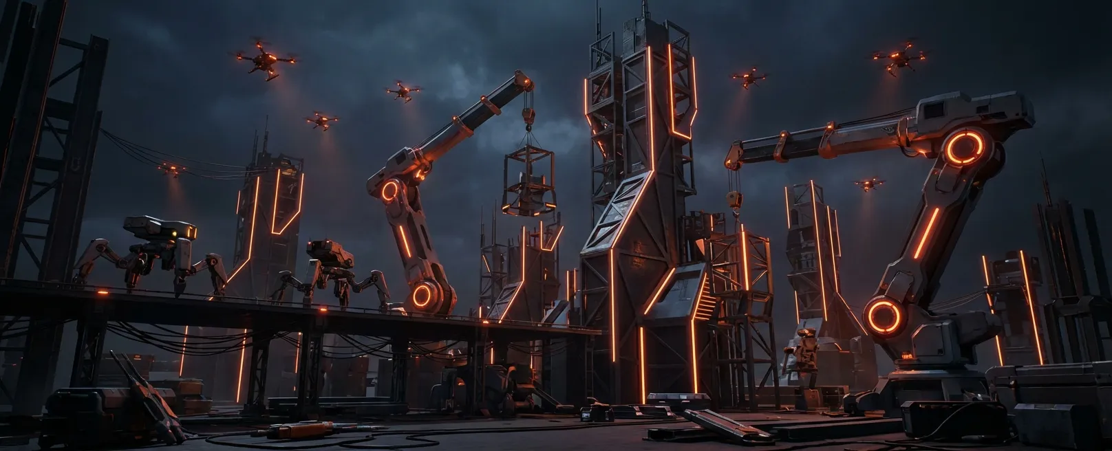 Строительная площадка футуристического города, где автономные дроны и роботы возводят структуры, символизируя построение агентной империи.