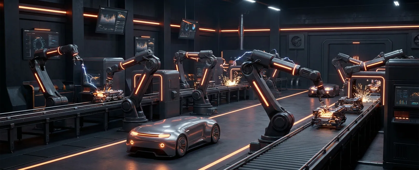 Футуристический заводской цех, где роботы и автономные машины производят товары без участия человека.