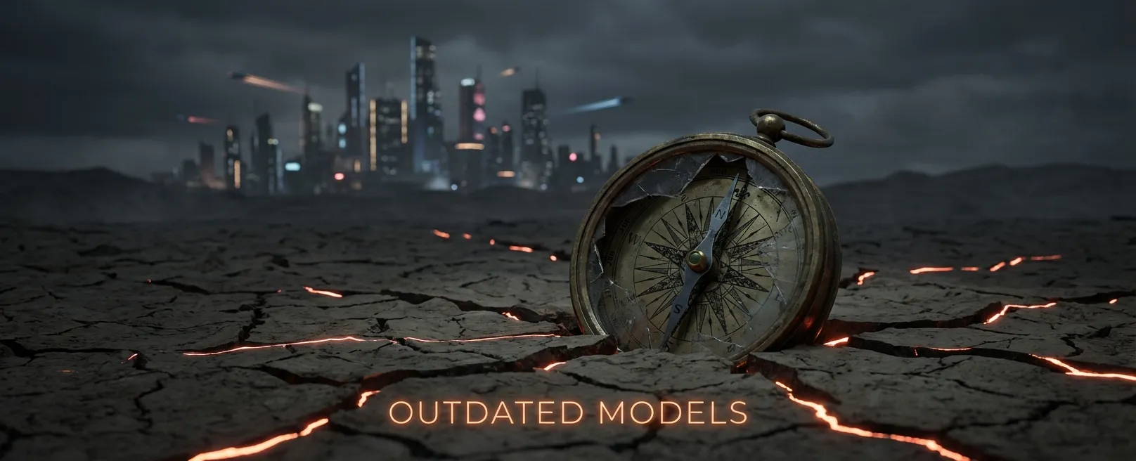 Старинный, ржавый компас, указывающий в никуда, на фоне футуристического города, символизирующий устаревшие бизнес-модели.