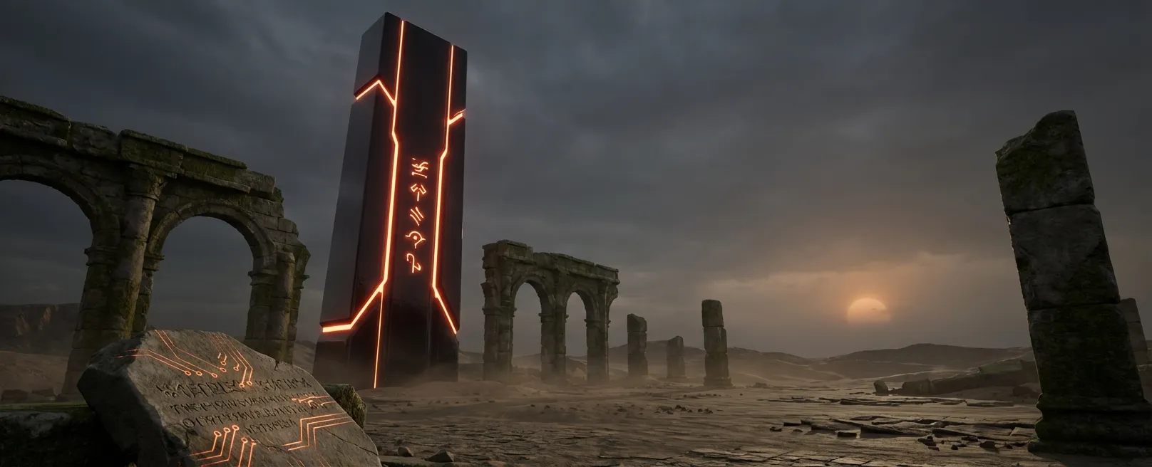 Массивный, светящийся монолит, возвышающийся над древними руинами, символизирующий доминирование новых технологий.