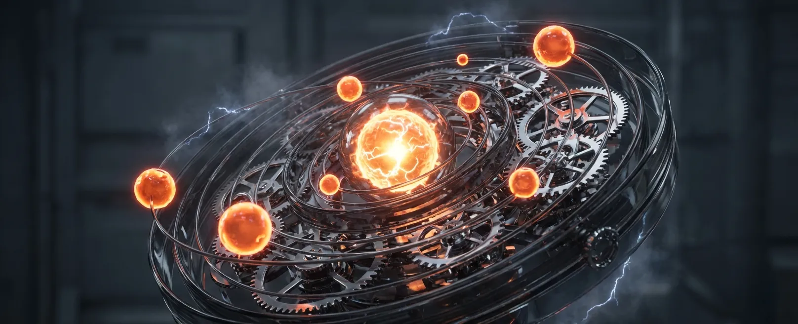 Сложная механическая модель солнечной системы из темного стекла