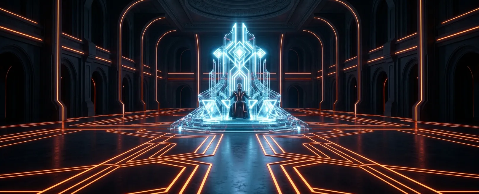 Пустой трон из света в огромном футуристическом зале