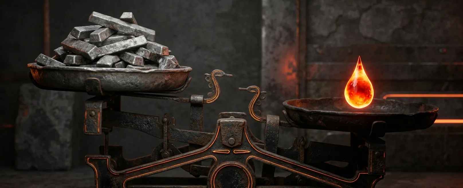 Тяжелые чугунные весы, где одна светящаяся оранжевая капля перевешивает гору свинцовых гирь