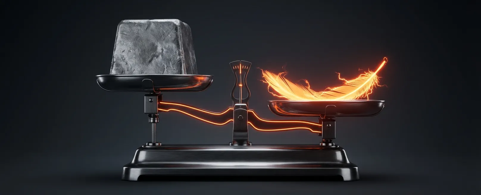 Высокотехнологичные весы, где светящееся перо перевешивает слиток свинца