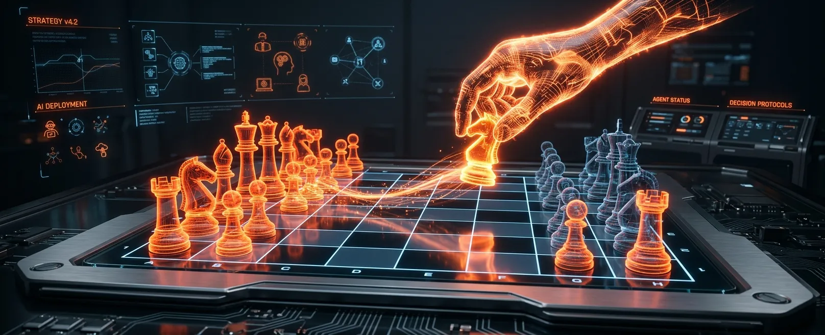 Шахматная доска с голографическими фигурами, символизирующая стратегию победы в эпоху ИИ