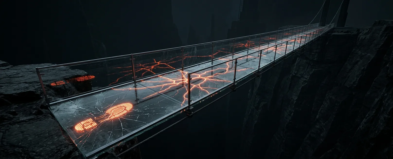 Хрупкий стеклянный мост над бездной, символизирующий риски внедрения ИИ