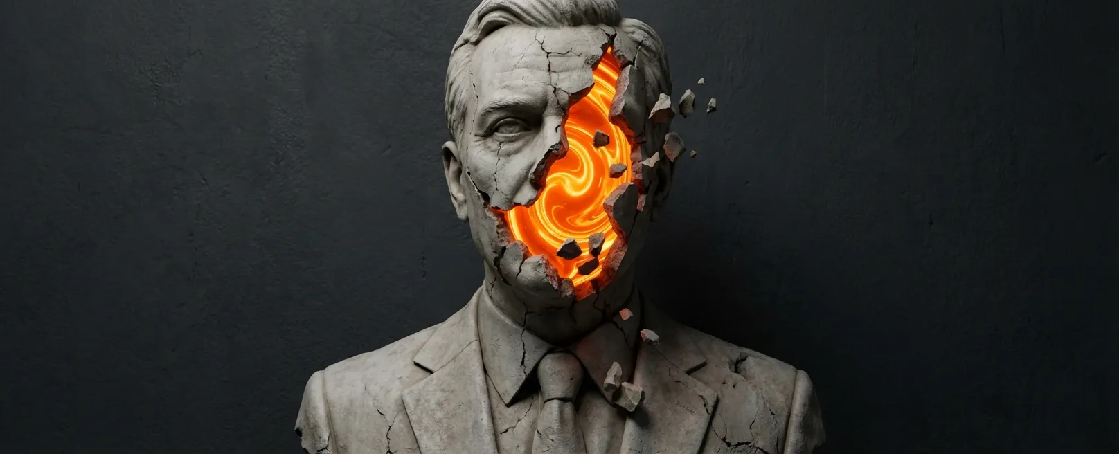 Расколотая каменная статуя бизнесмена с горящим ядром внутри