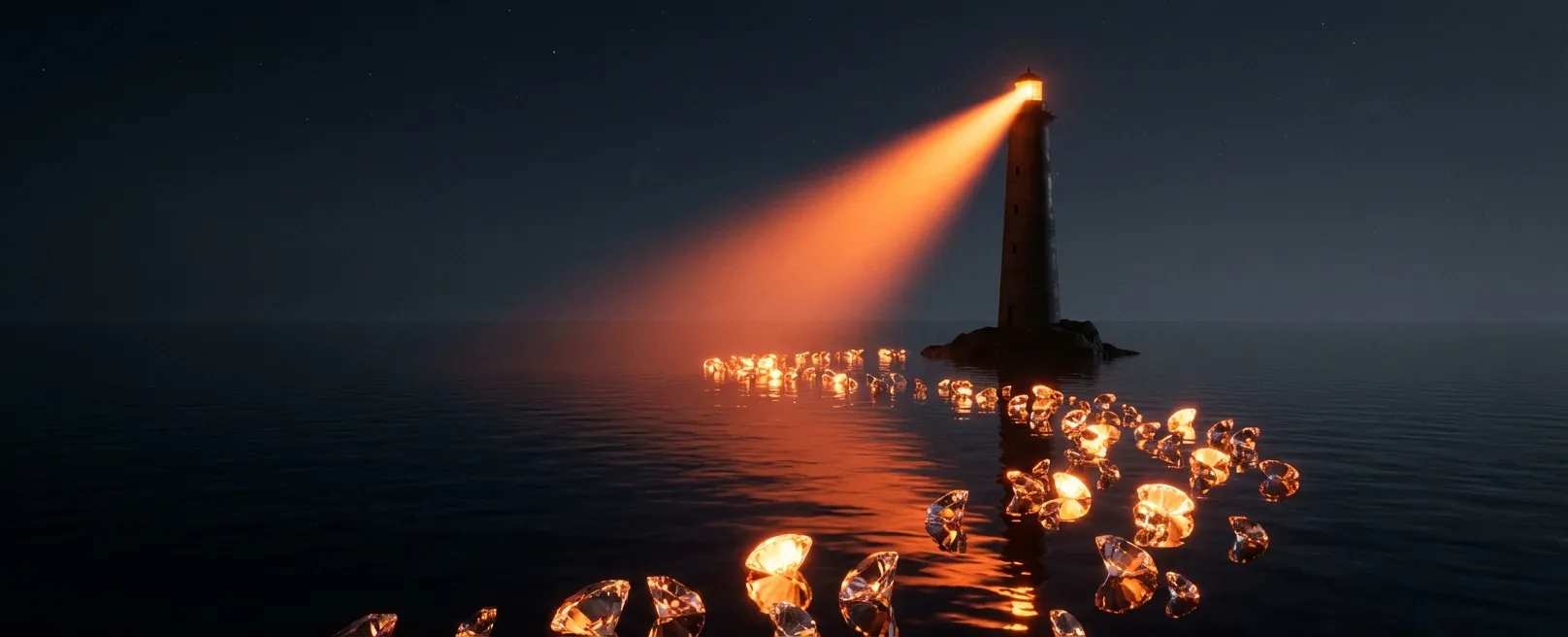 Неоновый маяк, освещающий путь из алмазов в темном океане