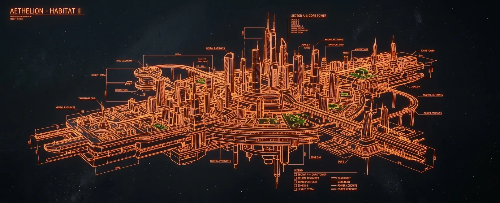 Футуристический чертеж города, парящий в воздухе и состоящий из оранжевых световых линий